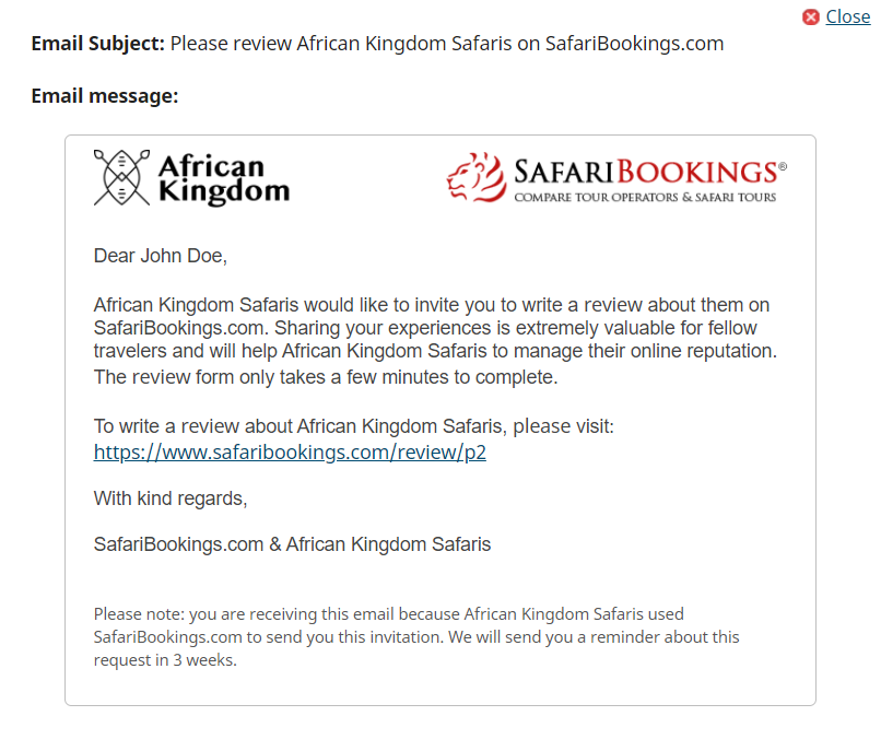 sample of the review invite email sent to the client