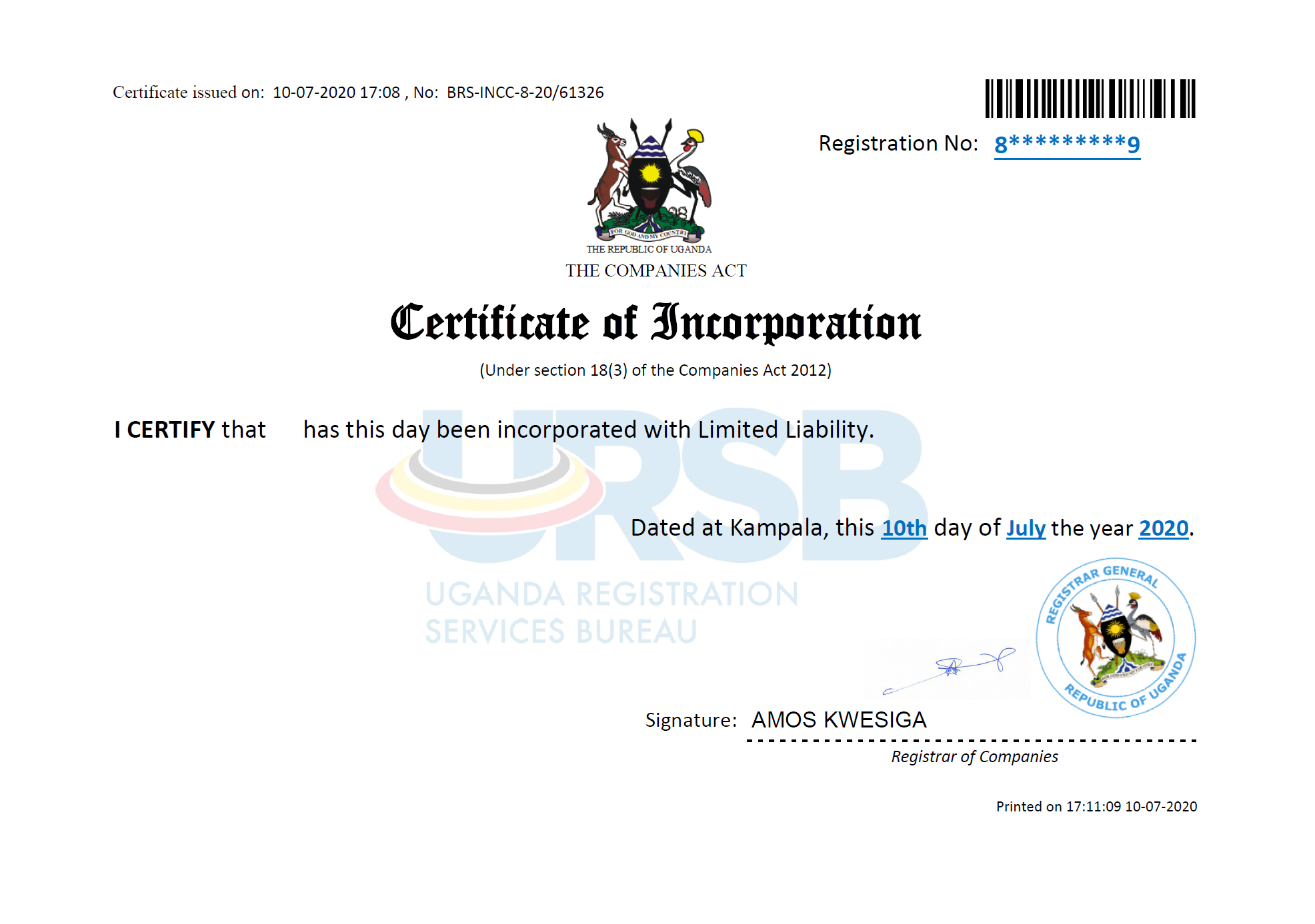 Uganda Certificate of Incorporation