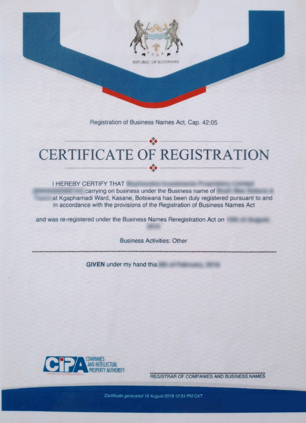 Certificate of Registration Botswana