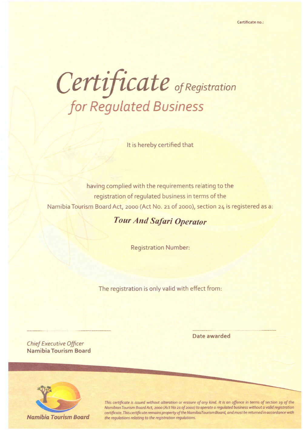 Tour Operator License Namibia