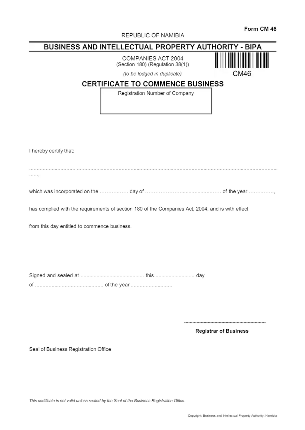 Certificate to Commence Business Namibia