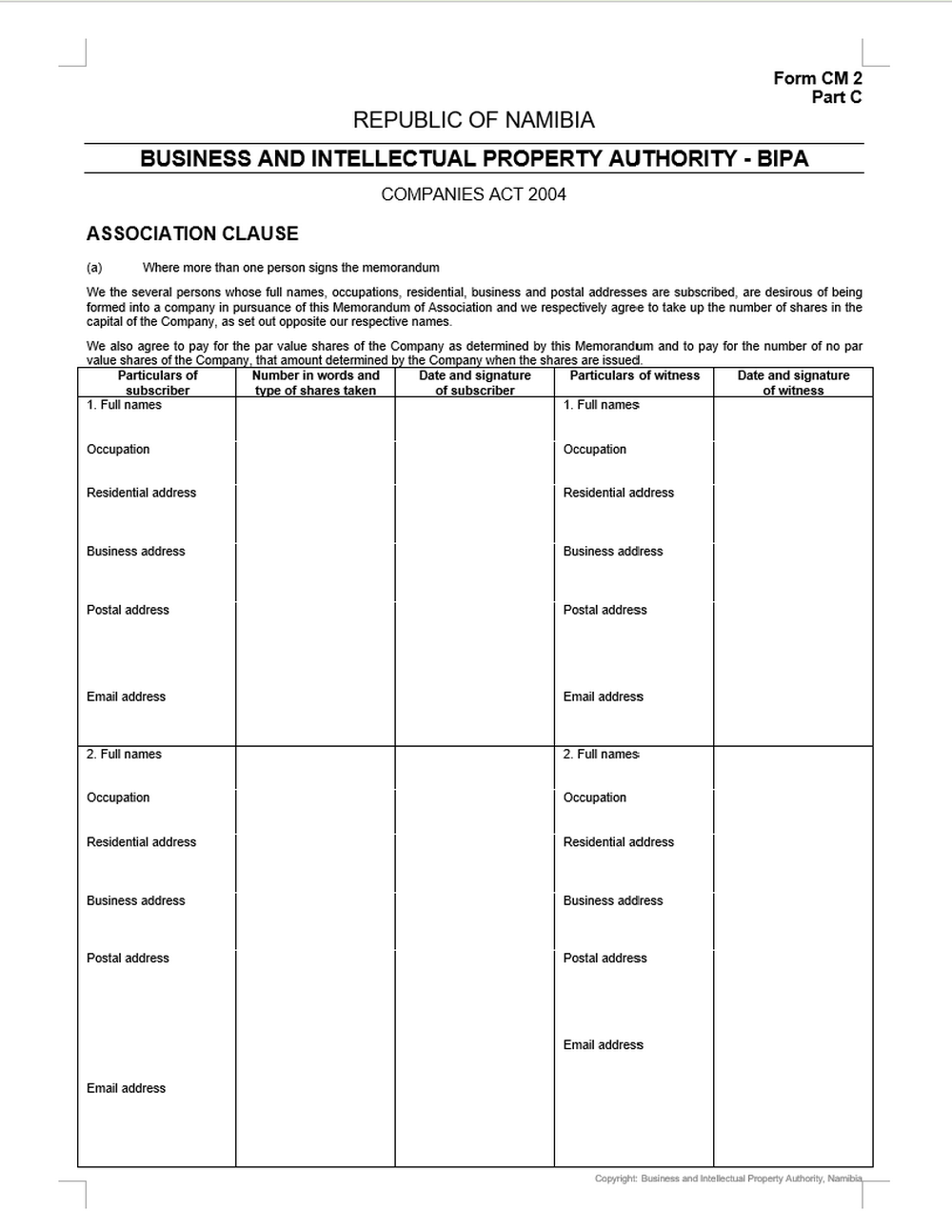 Memorandum of Association (Namibia)