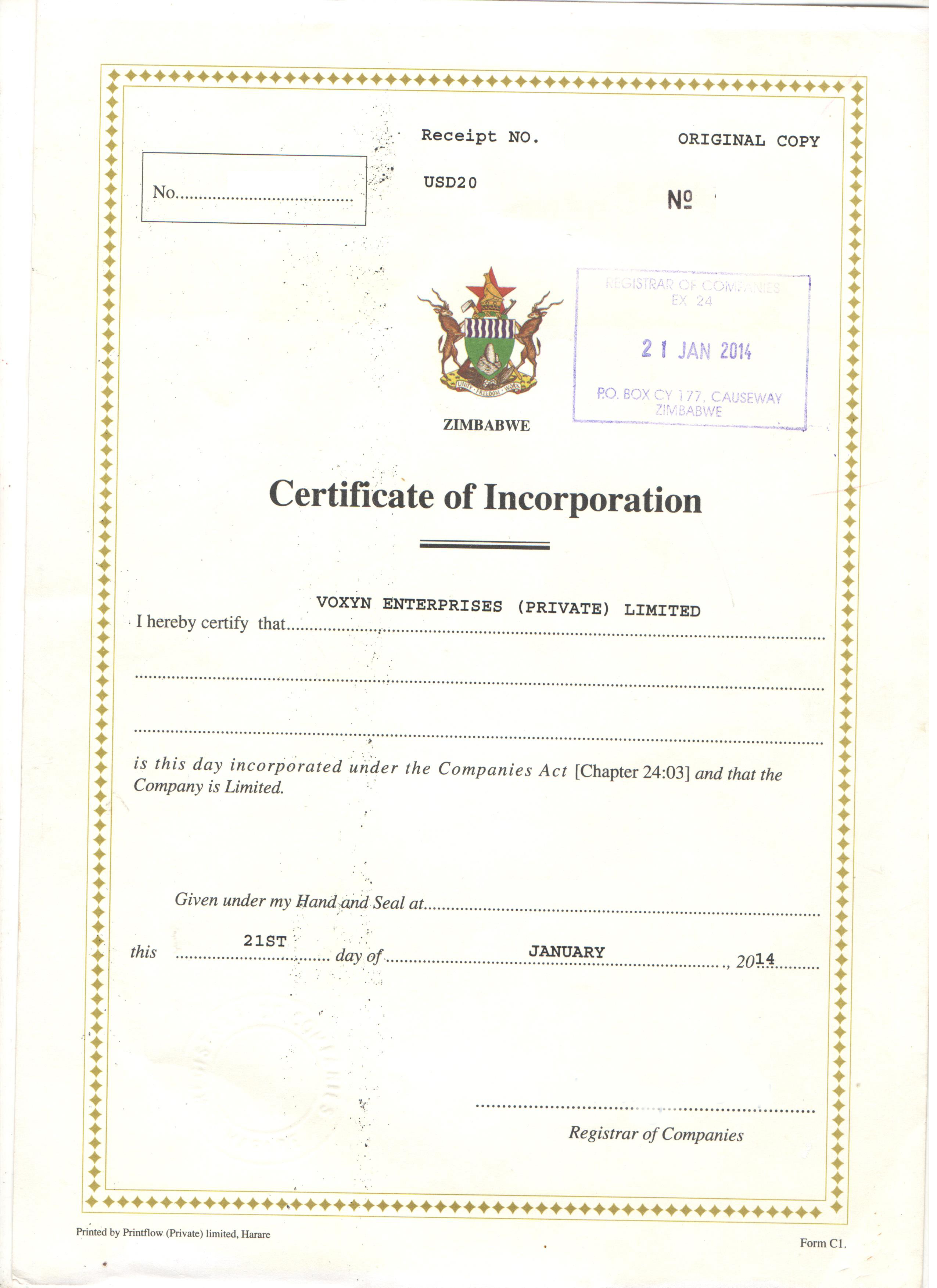 Certificate of Incorporation (Zimbabwe)