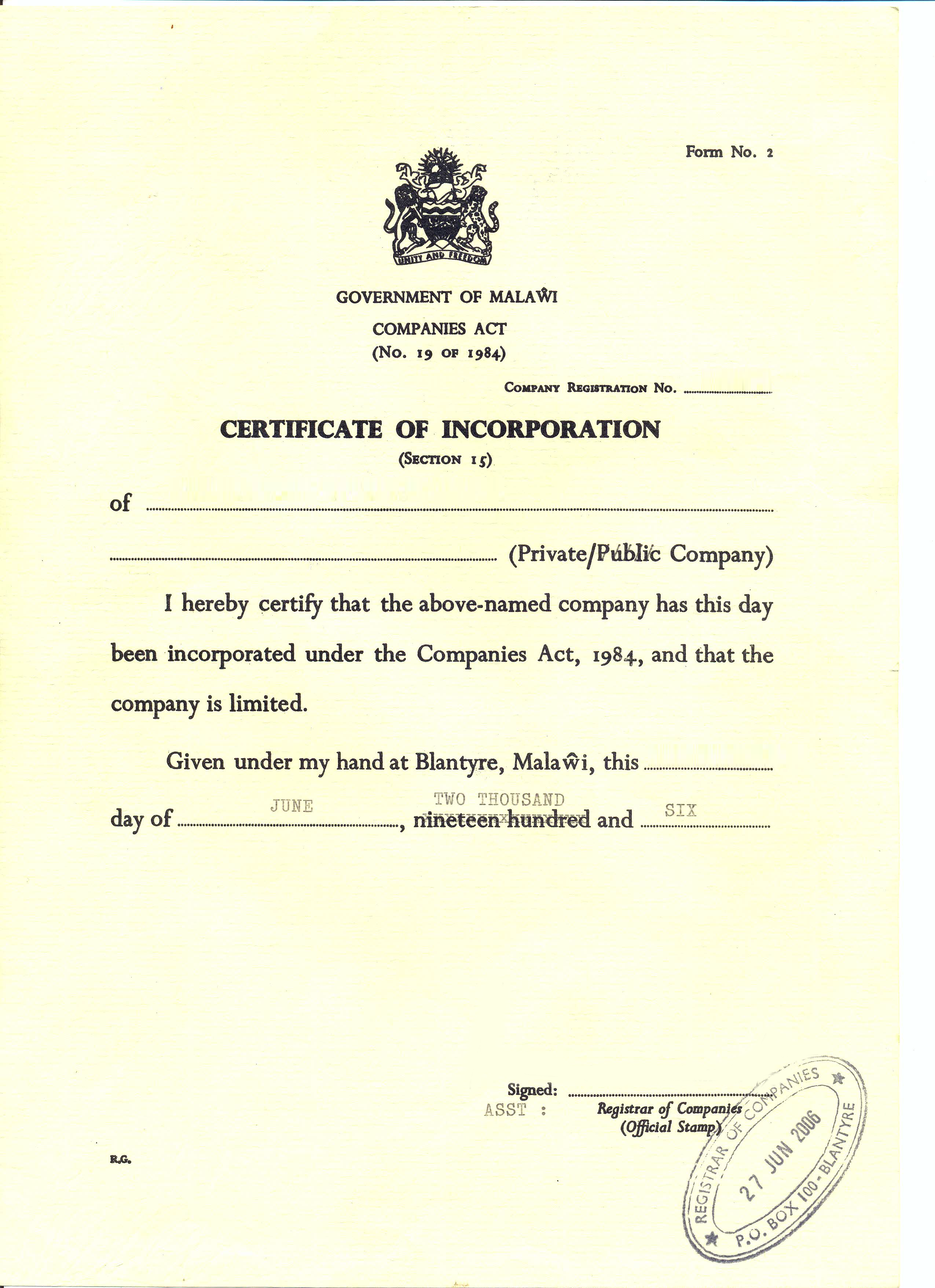 Certificate of Incorporation (Malawi)