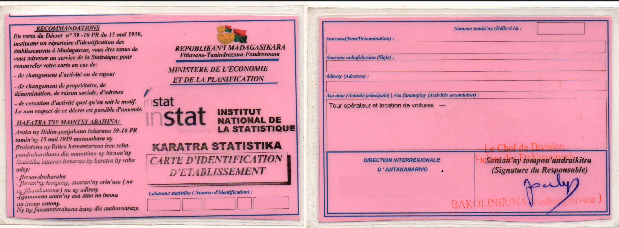 Carte D'identification D'etablissement
