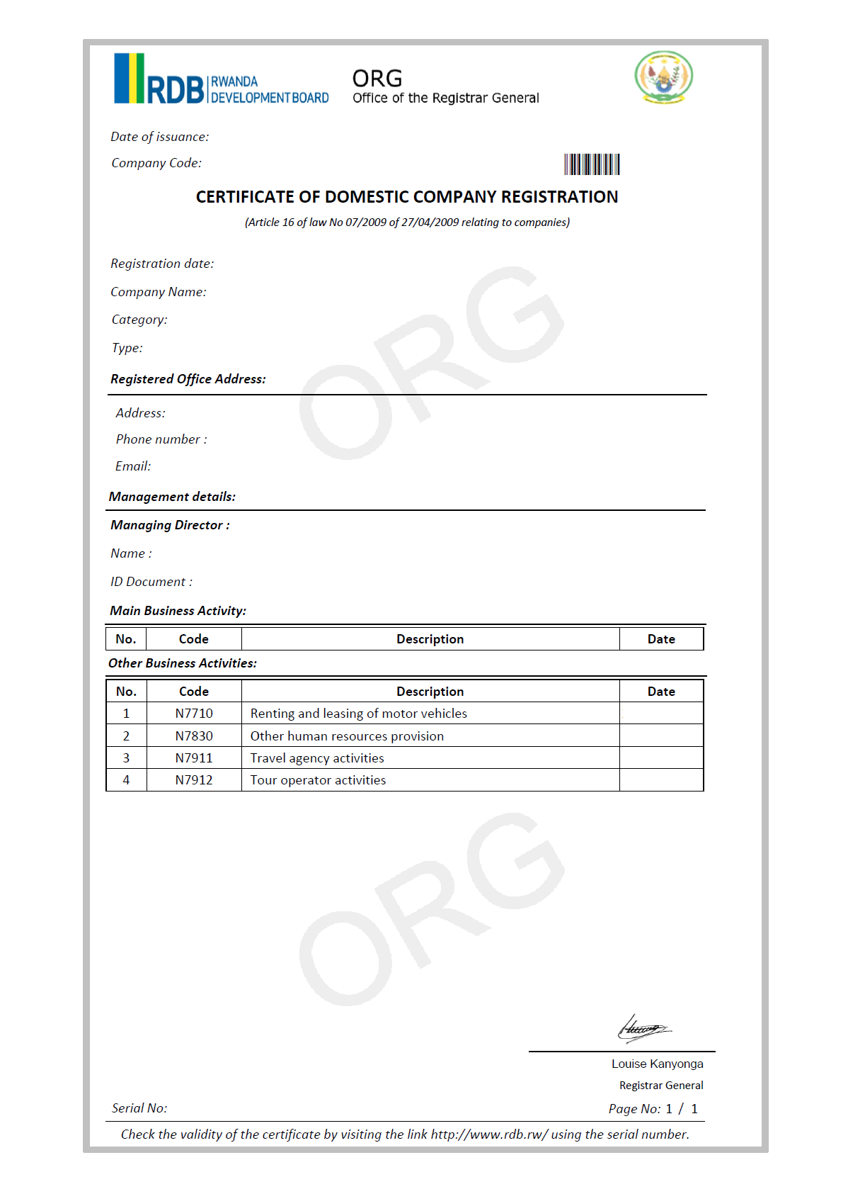 Certificate of Domestic Company Registration (Rwanda)