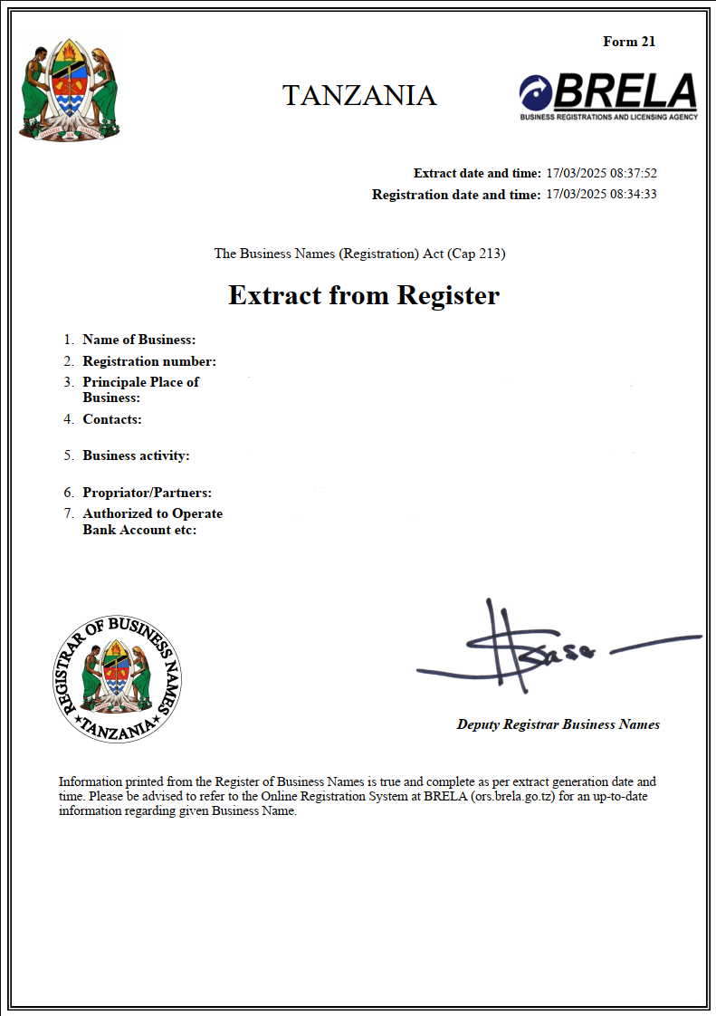 Certificatae of Incorporation (TZ)