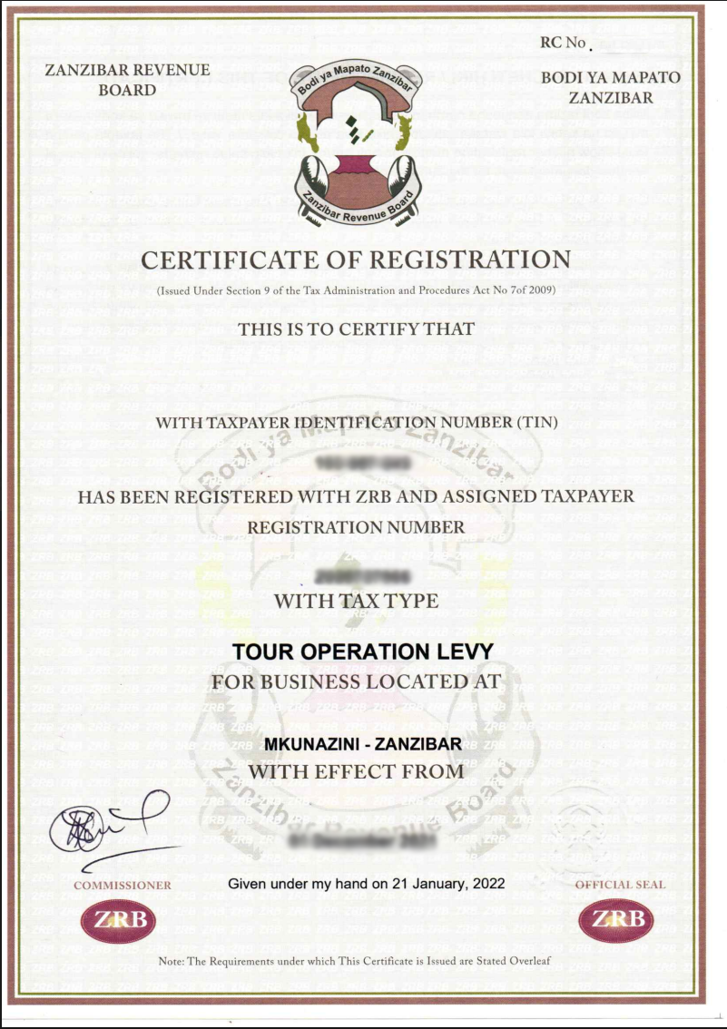 ZRB Certificatae of Registration