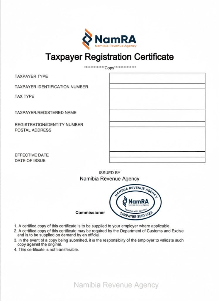 Tax Registration Certificate Namibia