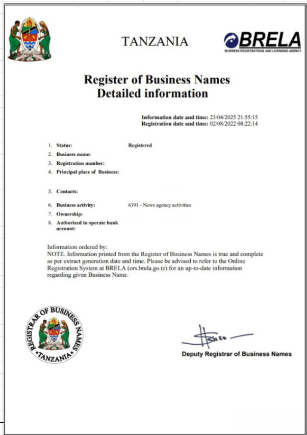 Certificatae of Incorporation (TZ)
